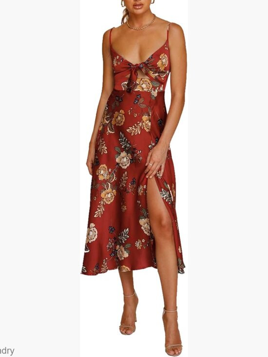 Spaghetti Strap Midi Dress Satin Tie Front Backless Slit Flowy Lightweight